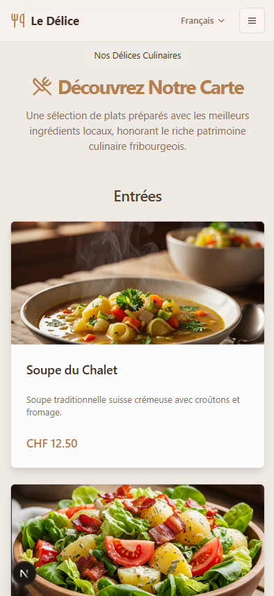 Le Délice - Section menu adaptée mobile